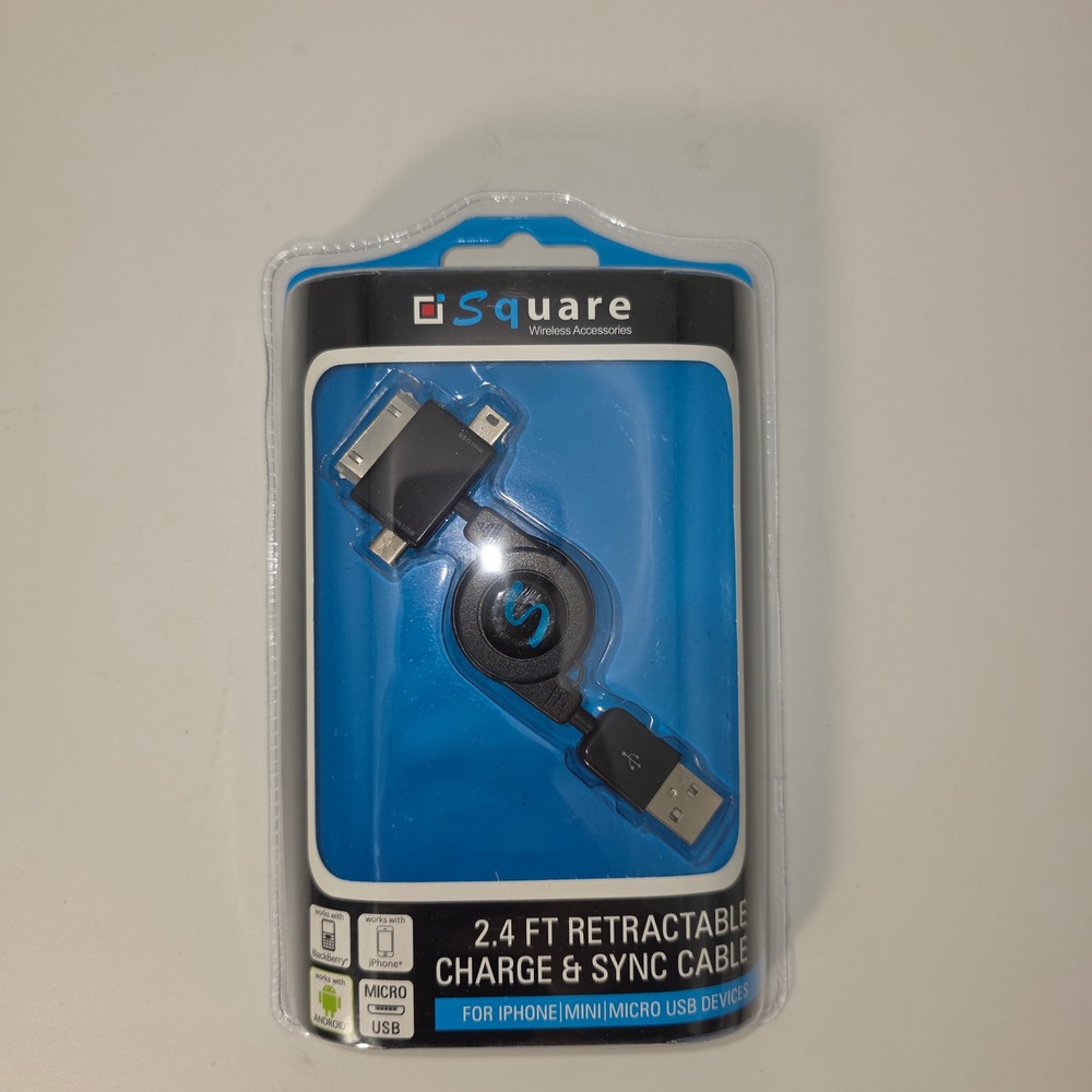Square 3-in-1 Retractable Charge Sync Cable Unisex 2.4ft Black New Multi-Head